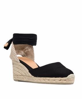 CASTAÑER Carina Black Canvas Espadrille Wedges with Jute Heel and Ties - Size 39
